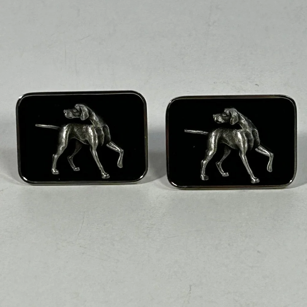 Silver Tone Hunting Dog Pointer Black Enamel Rectangular Cufflinks Mens Jewelry